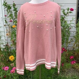 Holiday Time Rose Pink “Peace” Holiday Pullover Sweater XL